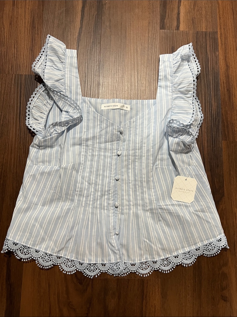 Altar'd State Blue Stripe Lace Trim Button Front Top